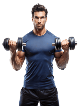 A muscular man in a blue shirt lifting weights, showcasing strength and fitness png