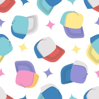 Classic y2k, 90s and 2000s aesthetic. Flat style cap, baseball cap, vintage seamless pattern. Hand-drawn illustration. vector