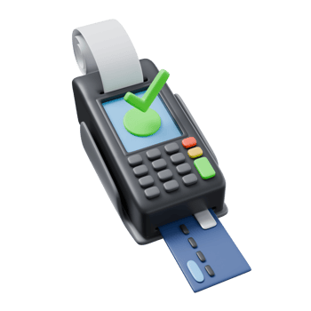 3d render illustration of payment terminal with bank card and bank check and check green sign. financial transactions, money operations concept. trendy cartoon style 3D illustration png