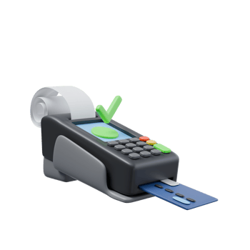 3d render illustration of payment terminal stand with bank card and bank check and check green sign. financial transactions, money operations concept. trendy cartoon style 3D illustration png