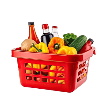 Red shopping basket full of food and groceries without background png