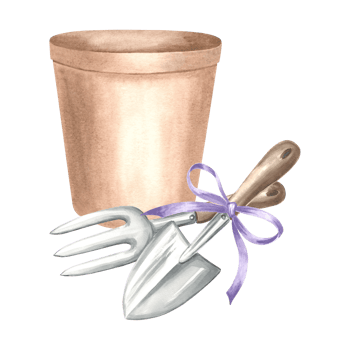 Flower pot with trowel and rake. Gardening tools and supplies. Hand drawn watercolor illustration, isolated composition for growing. Equipment for garden, plants Template for package, sticker, print. png
