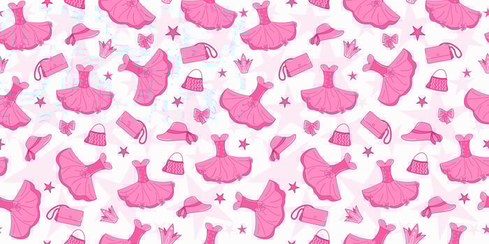 Pattern ball gown, bag, princess crown. Pink fashionable holiday set. A set of doll accessories and clothes, seamless background. vector