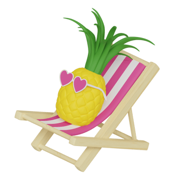 Cartoon cute pineapple in the heart shaped glasses in the sunbed at the beach taking sunbath 3d rendered icon isolated png