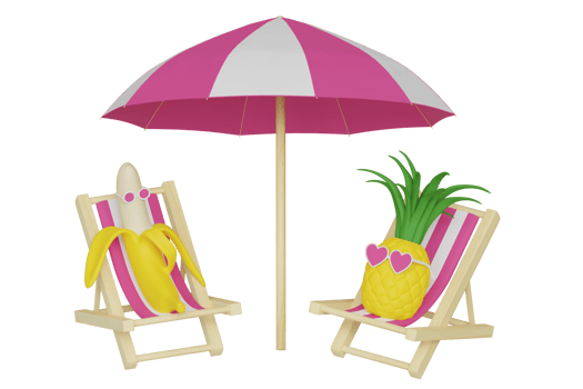 Cartoon cute pineapple in the heart shaped glasses and banana fruits characters in the sunbeds under the beach umbrella taking sunbath 3d rendered illustration isolated png