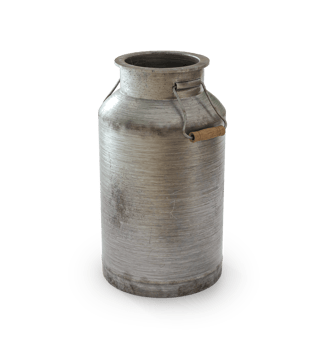 Scratched, old and oxidized insulated iron milk bottle with iron and wood handle png
