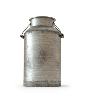 Scratched, old and oxidized insulated iron milk bottle with iron and wood handle png