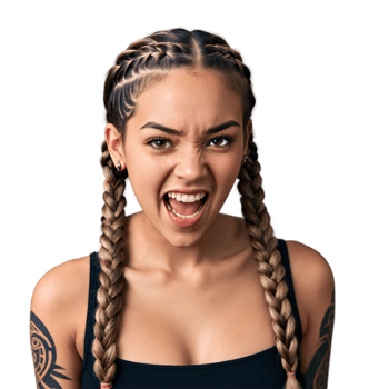 Young woman with half up braids and tribal tattoo cute face squinting eyes screaming mouth. Essence of diverse femininity. png