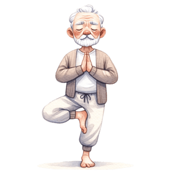 Grandfather in Yoga Clipart This digital artwork features a cheerful elderly man striking a peaceful yoga pose, illustrated with vibrant colors and a touch of whimsy. png