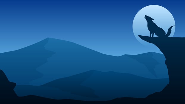 Landscape illustration of a wolf howling at cliff in the night vector