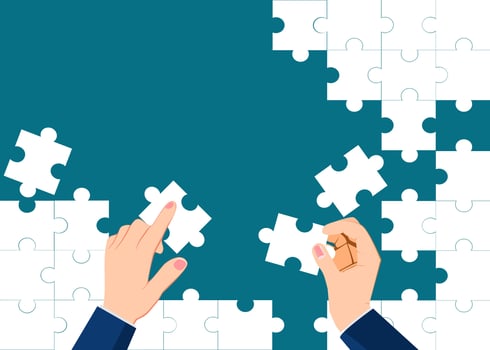businessman hands holding puzzle pieces on blue background vector