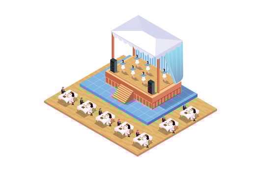 Illustration of Musical entertainment in a restaurant with people eating, 3d Concept Isometric View of Concert Party Elements Background and Stage Landscape. vector