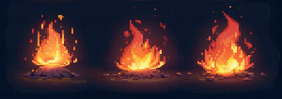 Pixel art fire. Red explosion and bonfire, burning campfire with flame, ignitions and sparks on dark night background. 8 bit pixel 80s, 90s game vector