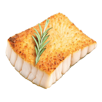 halibut fillet, pan-seared with a golden crust, accompanied by a sprig of fresh rosemary, delicates sea food, isolated on transparent background png