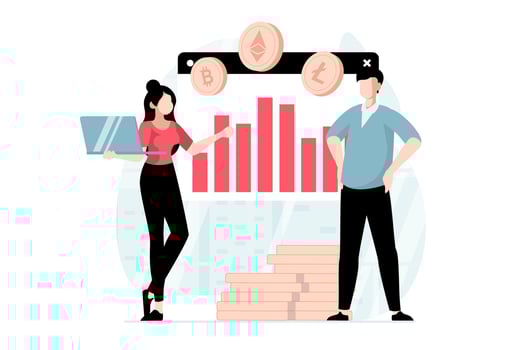 Cryptocurrency marketplace concept with people scene in flat design. Woman and man analyzing data, buys or sells bitcoins, litecoins or ethereum. illustration with character situation for web vector