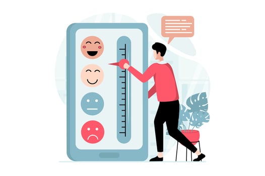 Feedback page concept with people scene in flat design. Man shares his user experience and leaves rating using different levels of emoticons. illustration with character situation for web vector
