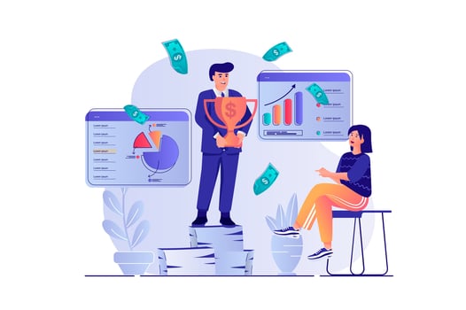 Business award concept with people scene. Man celebrating victory with trophy cup, woman congratulates colleague, teamwork and achieve goals. illustration with characters in flat design for web vector