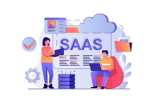 SaaS concept with people scene. Woman and man uses software as service, online subscription to programs, data center and cloud technology. illustration with characters in flat design for web vector