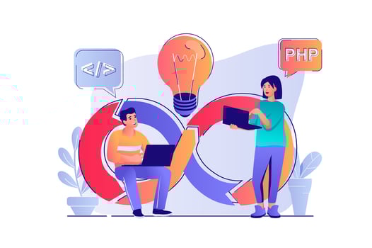 DevOps concept with people scene. Woman and man collaborates on project, brainstorming, programming and management, teamwork communication. illustration with characters in flat design for web vector