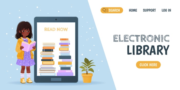 Electronic library, university, school concept. Landing page for e-book library, store, online education with little girl, tablet, pile of books and plant. Flat banner. illustration. vector