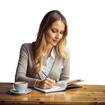 Young Woman Writing in Notebook at Wooden Table With Coffee Cup png