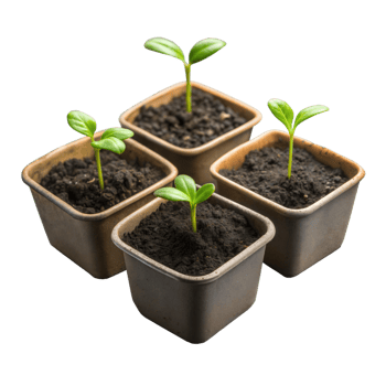 Four Young Seedlings Growing in Individual Pots on a Transparent Background png