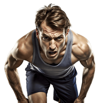 Intense Male Athlete Poised for Sprint on Track at Starting Blocks, Daytime png