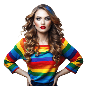Striking Portrait of a Woman With Bold Makeup and Rainbow Top png