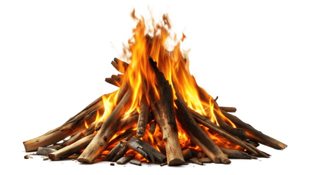 A vibrant campfire with flames and wood isolated on transparent png