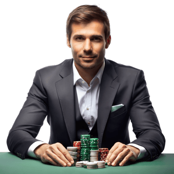 Suited man with a smile at a poker table, surrounded by colorful chips png