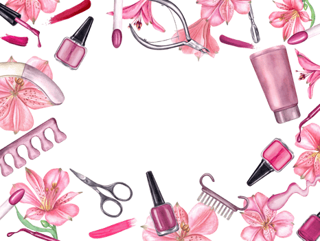 Manicure tools, nail polish, splashes among tropical flowers. Square frame with copy space. Nail file, cream, nail buffer, cuticle trimmer for beauty. Watercolor illustration. png
