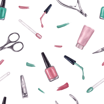 Manicure instruments with splashes. Nail pink, green polish, trimmer, cuticle scissors, clippers for nail treatment. Seamless pattern. Watercolor illustration for package, textile png