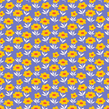 Floral seamless pattern with small yellow flowers and white leaves on a blue background. Vintage ditsy style fabric. Decorative print, illustration vector