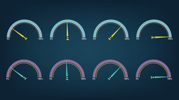 Gauge or meter indicator. Speedometer icon with red, yellow, green, purple scale and arrow. Progress performance chart. vector