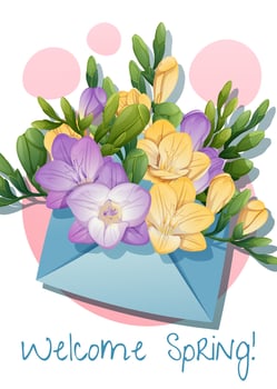 Greeting card template with spring flowers in an envelope. Poster, banner with freesia. Hello Spring. illustration of delicate flowers in cartoon style for card, invitation, background, etc vector