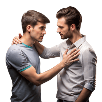 Two Young Men Engaging in a Serious Conversation Indoors During Daytime png