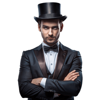 Sophisticated Magician in Top Hat and Tuxedo Posing Confidently Against a Transparent Background png