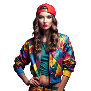 Fashionable Young Woman Posing With Vividly Colored Outfit and Red Cap png