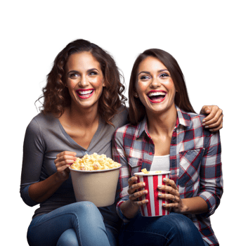 Two Women Enjoying Laughter and Popcorn During a Fun Indoor Gathering png