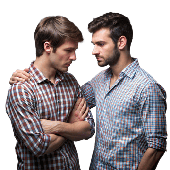 Two Men in Casual Checkered Shirts Standing Close Together in Studio png