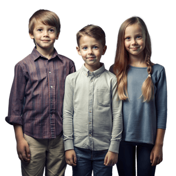 Three Smiling Children Posing Together in Casual Clothes Against Transparent Background png