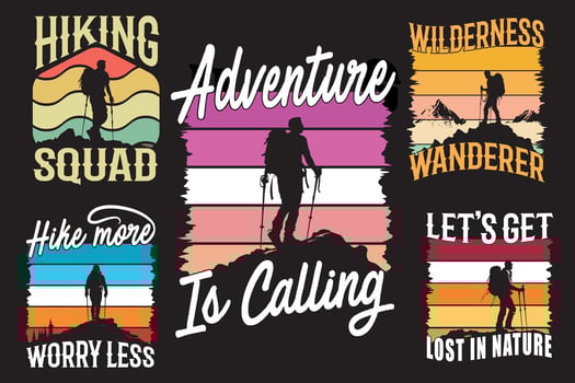 Hiking retro vintage bundle t-shirt design, The Ultimate Hiking T-Shirt Collection, Top Picks for Hiking T-Shirts, Unleash Your Adventure with Hiking vector