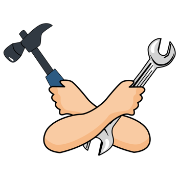 Hand hold wrench and hammer crossed, repair tool. cartoon png
