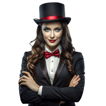 Elegant Woman in Black Tuxedo and Top Hat Posing With Confidence png