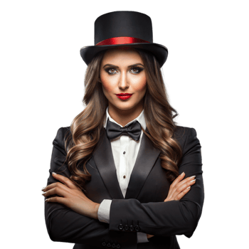 Confident Woman Dressed in a Tuxedo With Top Hat Posing Against a Transparent Background png