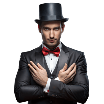 Dapper Magician in Classic Attire With Top Hat and Red Bow Tie png