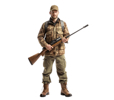 Hunter with rifle and suitable clothing- png