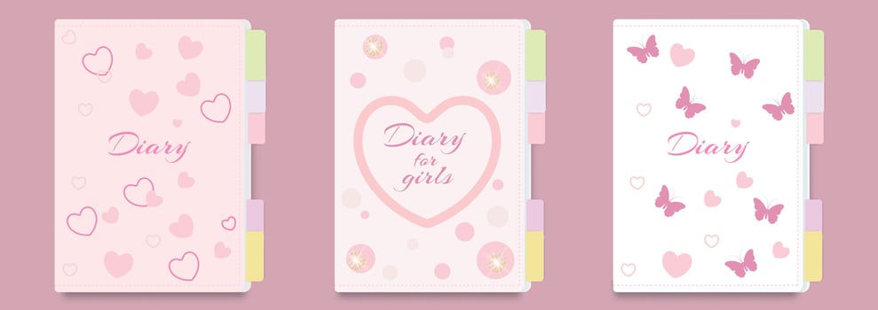 Children's diary cover template for girls with hearts, butterflies and rhinestones on a pink background. Set of title page designs for school notebooks, notepads, children's diaries, coloring books. vector