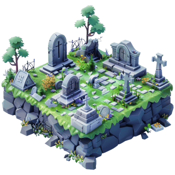 Cemetery with several tombstones, medieval, 3d isometric cartoon, transparent background png