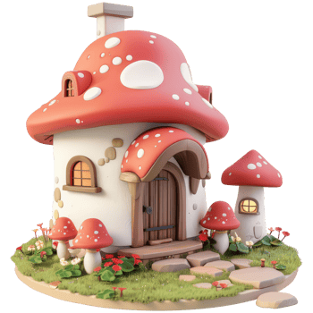 Cute medieval mushroom house, 3d cartoon isometric fantasy, transparent background png
